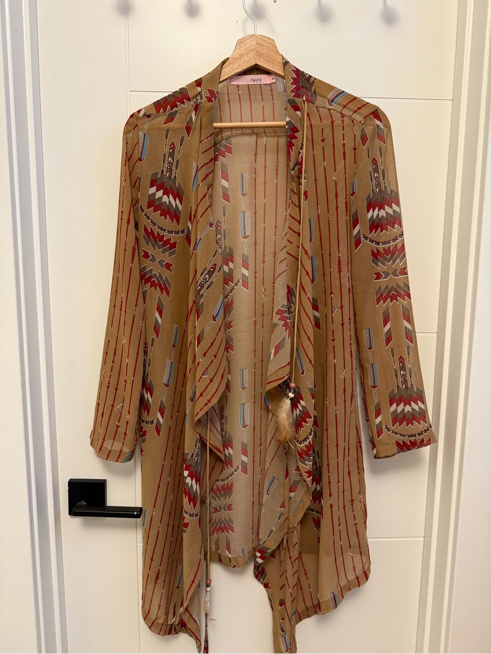 Lightweight Tan Printed Draped Kimono Cardigan - Picture 2 of 5